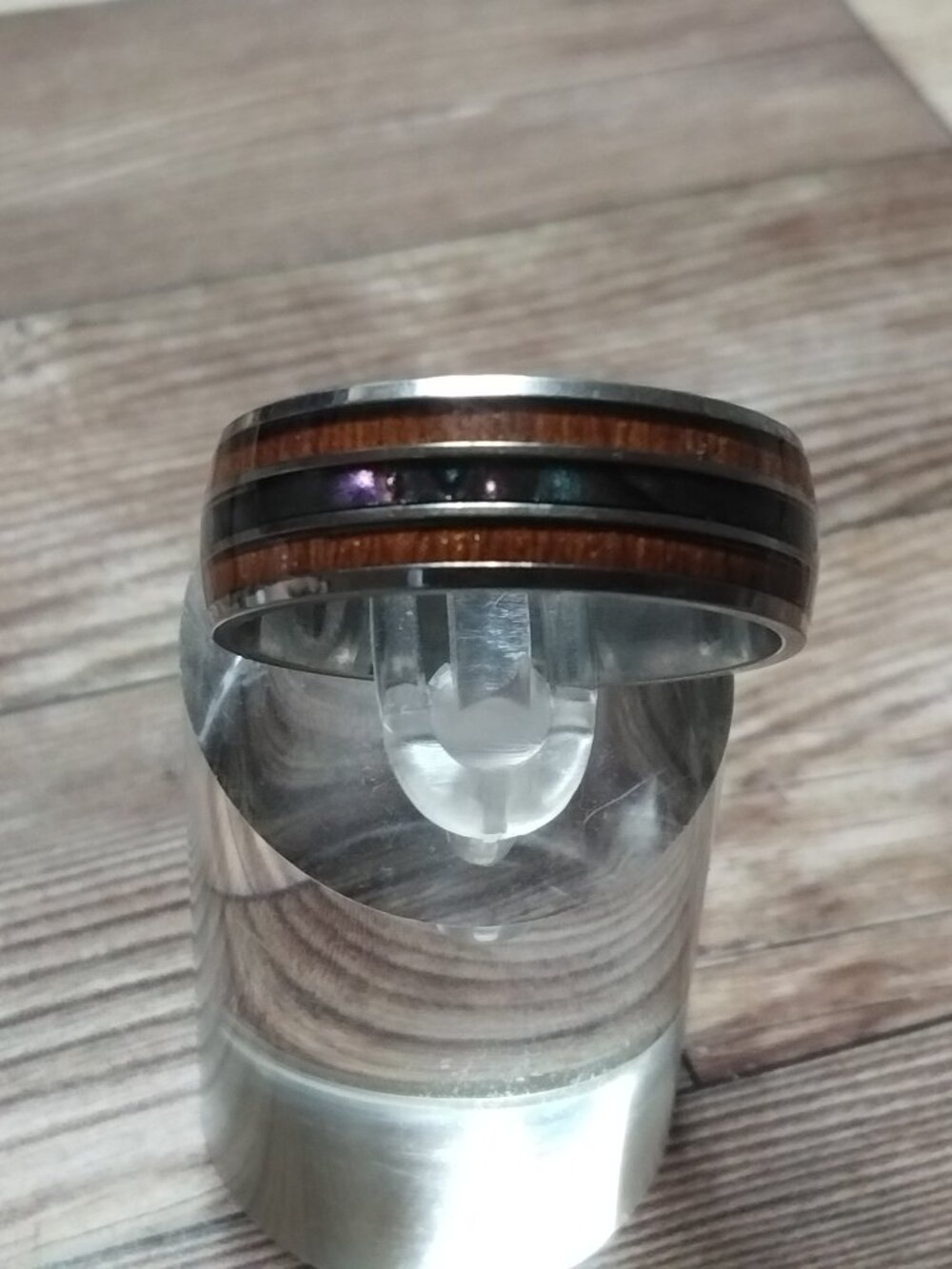 Iridescent Shell Inlay w/Double Wood Grain Inlay, Silver Stainless Steel Band